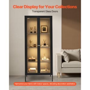 display cabinet with glass door, 66 in tall 4 tier lighted display case with 3 color lights, metal storage cabinet with 3 adjustable shelves, curio cabinet for collectibles figures trophy