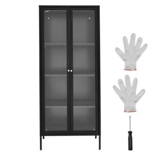 Display Cabinet with Glass Door, 66 in Tall 4-Tier Lighted Display Case with 3 Color Lights, Metal Storage Cabinet with 3 Adjustable Shelves, Curio Cabinet for Collectibles Figures Trophy
