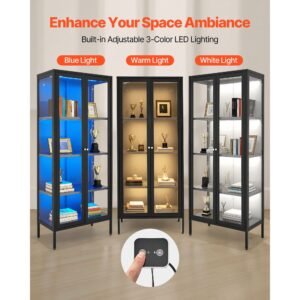 display cabinet with glass door, 66 in tall 4 tier lighted display case with 3 color lights, metal storage cabinet with 3 adjustable shelves, curio cabinet for collectibles figures trophy