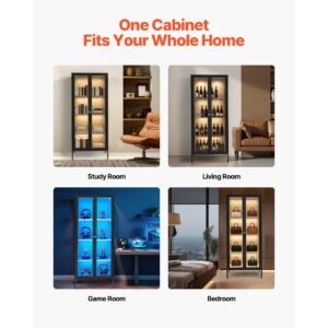 display cabinet with glass door, 66 in tall 4 tier lighted display case with 3 color lights, metal storage cabinet with 3 adjustable shelves, curio cabinet for collectibles figures trophy
