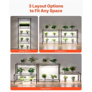 diy plant shelf with grow lights, 71 in tall indoor plant stand with wheels, 192w 5000k full spectrum grow lights, heavy duty metal plants display rack, flower pot holder for seed starting