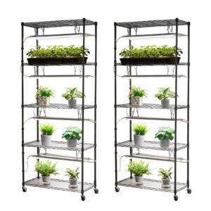 DIY Plant Shelf with Grow Lights, 71 in Tall Indoor Plant Stand with Wheels, 192W 5000K Full Spectrum Grow Lights, Heavy Duty Metal Plants Display Rack, Flower Pot Holder for Seed Starting