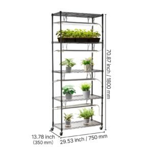 diy plant shelf with grow lights, 71 in tall indoor plant stand with wheels, 192w 5000k full spectrum grow lights, heavy duty metal plants display rack, flower pot holder for seed starting