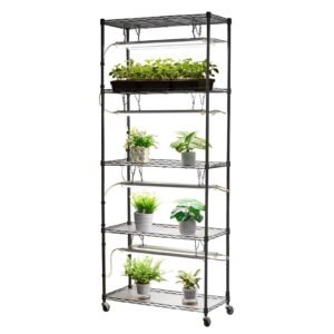 diy plant shelf with grow lights, 71 in tall indoor plant stand with wheels, 192w 5000k full spectrum grow lights, heavy duty metal plants display rack, flower pot holder for seed starting
