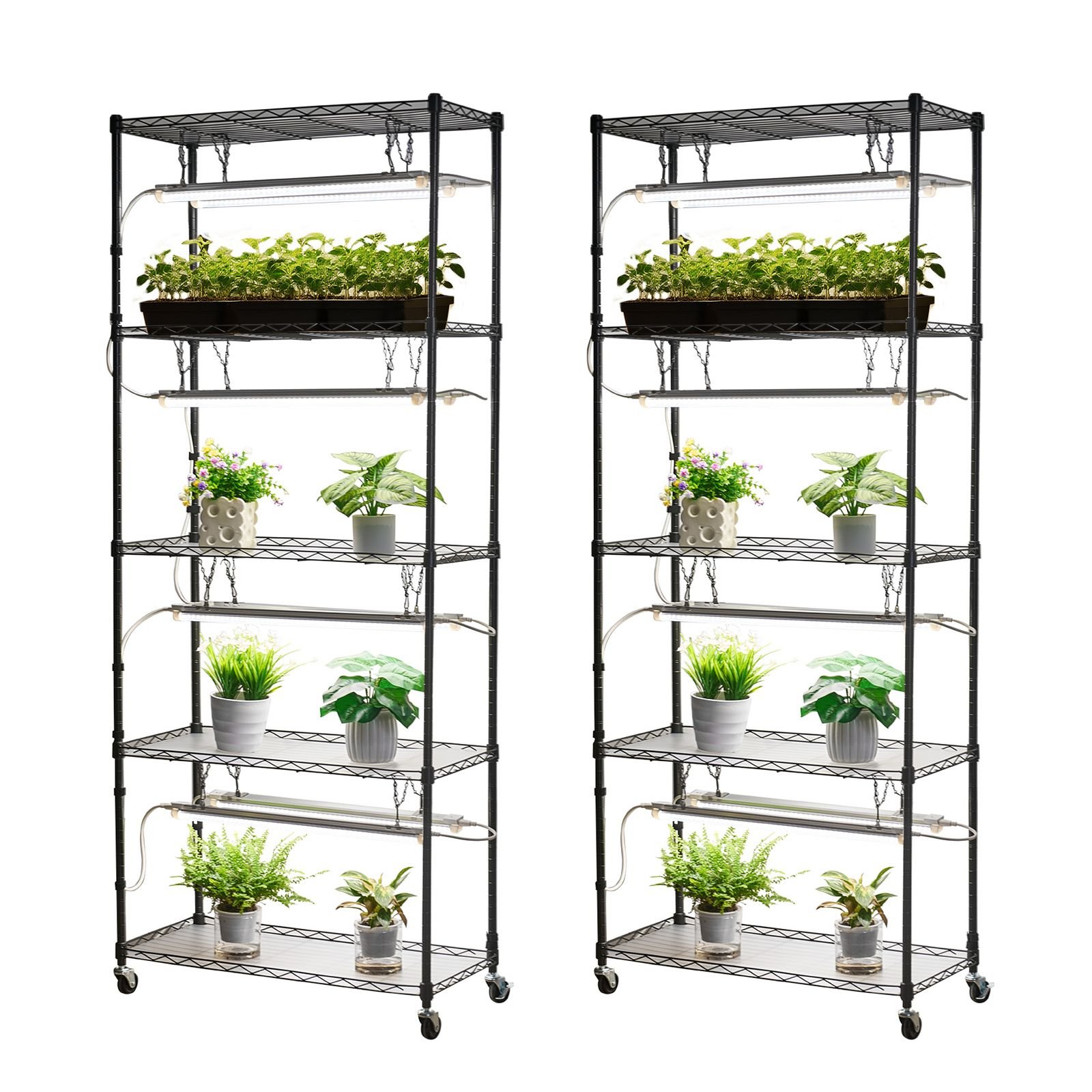 diy plant shelf with grow lights, 71 in tall indoor plant stand with wheels, 192w 5000k full spectrum grow lights, heavy duty metal plants display rack, flower pot holder for seed starting