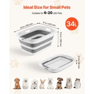 dog bathtub, collapsible dog bath tub, pet bathing grooming wash shower station, portable space saving & stable support, built in drainage hole for small pet puppy doggie cat outdoor, gray white