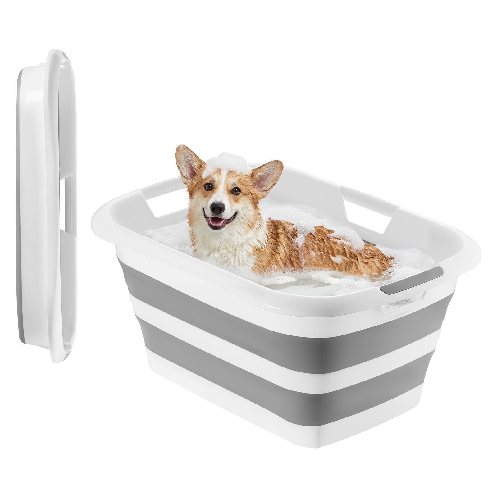 dog bathtub, collapsible dog bath tub, pet bathing grooming wash shower station, portable space saving & stable support, built in drainage hole for small pet puppy doggie cat outdoor, gray white