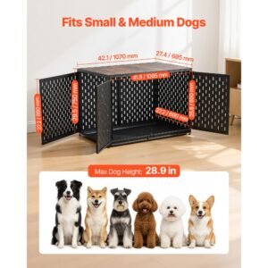 dog crate furniture, 42 inch heavy duty dog kennel furniture indoor for small & medium dogs, steel decorative pet cage house end table with 3 doors, detachable tray & escape proof locks, black