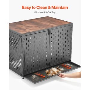 dog crate furniture, 42 inch heavy duty dog kennel furniture indoor for small & medium dogs, steel decorative pet cage house end table with 3 doors, detachable tray & escape proof locks, black