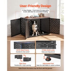 dog crate furniture, 42 inch heavy duty dog kennel furniture indoor for small & medium dogs, steel decorative pet cage house end table with 3 doors, detachable tray & escape proof locks, black