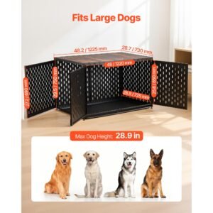 dog crate furniture, 48 inch heavy duty dog kennel furniture indoor for large dogs, sturdy steel decorative pet cage house end table with 3 doors, detachable tray & escape proof locks, black