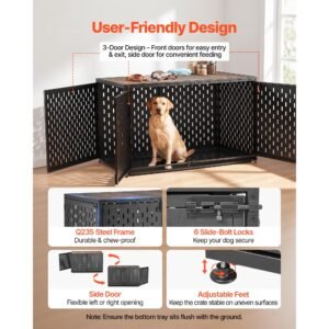 dog crate furniture, 48 inch heavy duty dog kennel furniture indoor for large dogs, sturdy steel decorative pet cage house end table with 3 doors, detachable tray & escape proof locks, black