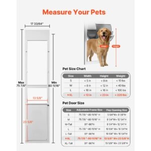 dog door for sliding glass door, 75 7/8" to 80 11/16" adjustable height, aluminum alloy frame with 3 layer flap and rotating hinge, for extra large sized dogs, sliding glass pet doors for renter