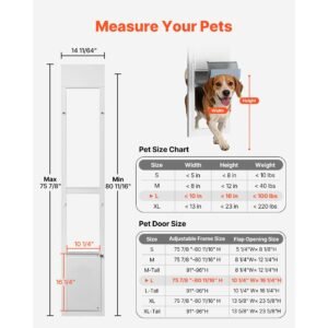 dog door for sliding glass door, 75 7/8" to 80 11/16" adjustable height, aluminum alloy frame with flap and rotating hinge, lock design, for large sized dogs, sliding glass pet doors for renters