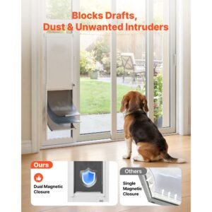 dog door for sliding glass door, 75 7/8" to 80 11/16" adjustable height, aluminum alloy frame with flap and rotating hinge, lock design, for large sized dogs, sliding glass pet doors for renters