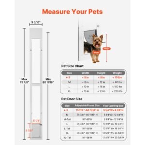 dog door for sliding glass door, 75 7/8" to 80 11/16" adjustable height, aluminum alloy frame with flap and rotating hinge, lock design, for small sized dogs, sliding glass pet doors for renters