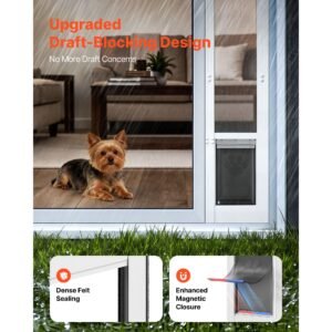 dog door for sliding glass door, 75 7/8" to 80 11/16" adjustable height, aluminum alloy frame with flap and rotating hinge, lock design, for small sized dogs, sliding glass pet doors for renters