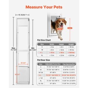 dog door for sliding glass door, 75 7/8" to 80 11/16" adjustable height, aluminum alloy frame with flap, lock design, for large sized dogs, 180° swing open sliding glass pet doors for renters