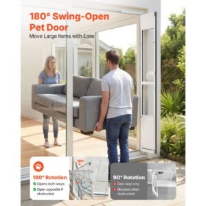 dog door for sliding glass door, 75 7/8" to 80 11/16" adjustable height, aluminum alloy frame with flap, lock design, for large sized dogs, 180° swing open sliding glass pet doors for renters
