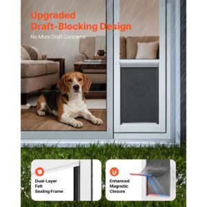 dog door for sliding glass door, 75 7/8" to 80 11/16" adjustable height, aluminum alloy frame with flap, lock design, for large sized dogs, 180° swing open sliding glass pet doors for renters