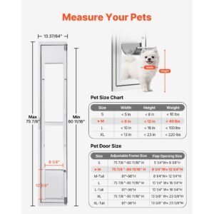 dog door for sliding glass door, 75 7/8" to 80 11/16" adjustable height, aluminum alloy frame with flap, lock design, for medium sized dogs, 180° swing open sliding glass pet doors for renters