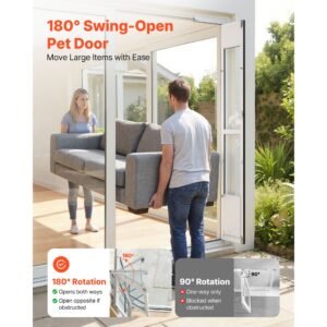 dog door for sliding glass door, 75 7/8" to 80 11/16" adjustable height, aluminum alloy frame with flap, lock design, for medium sized dogs, 180° swing open sliding glass pet doors for renters