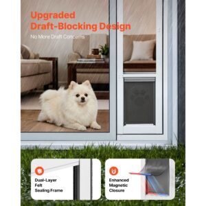 dog door for sliding glass door, 75 7/8" to 80 11/16" adjustable height, aluminum alloy frame with flap, lock design, for medium sized dogs, 180° swing open sliding glass pet doors for renters
