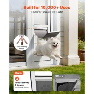 dog door for sliding glass door, 75 7/8" to 80 11/16" adjustable height, aluminum alloy frame with flap, lock design, for medium sized dogs, 180° swing open sliding glass pet doors for renters