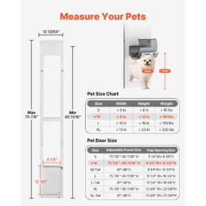 dog door for sliding glass door, 75 7/8" to 80 11/16" adjustable height, aluminum alloy frame with flap, rotating hinge, lock design, for medium sized dogs, sliding glass pet doors for renters