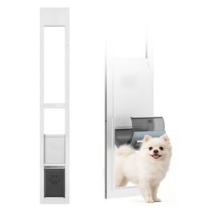 Dog Door for Sliding Glass Door, 75 7/8" to 80 11/16" Adjustable Height, Aluminum Alloy Frame with Flap, Rotating Hinge, Lock Design, for Medium-Sized Dogs, Sliding Glass Pet Doors for Renters