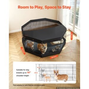 dog playpen 24 inch 8 panels exercise pen with top cover & bottom pad, indoor foldable metal pet fence with door, heavy duty puppy crate kennel pen for dogs, cats, and other small animals, black