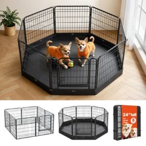 Dog Playpen 24 Inch 8 Panels Foldable Exercise Pen with Bottom Pad, Indoor Metal Pet Fence with Door, Heavy Duty Puppy Crate Kennel, Pet Playpen for Dogs, Cats, and Other Small Animals, Black