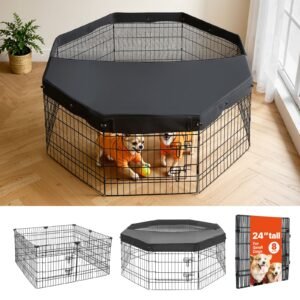 Dog Playpen 24 Inch 8 Panels Foldable Exercise Pen with Top Cover, Indoor Metal Pet Fence with Door, Heavy Duty Puppy Crate Kennel, Pet Playpen for Dogs, Cats, and Other Small Animals, Black