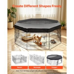 dog playpen 24 inch 8 panels foldable exercise pen with top cover, indoor metal pet fence with door, heavy duty puppy crate kennel, pet playpen for dogs, cats, and other small animals, black
