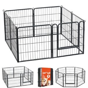 Dog Playpen 24 Inch 8 Panels Foldable Metal Exercise Pen Pet Fence, Indoor/Outdoor Heavy Duty Puppy Crate Kennel with Door for Dogs, Cats or Small Animals, Portable for RV Camping, Yard, Black