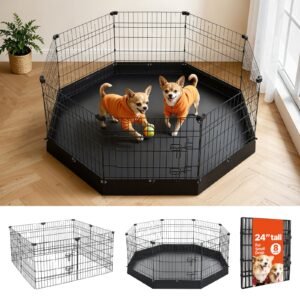Dog Playpen 24 Inch 8 Panels Heavy Duty Exercise Pen with Bottom Pad, Indoor Foldable Metal Pet Fence with Door, Puppy Crate Kennel, Pet Playpen for Dogs, Cats, and Other Small Animals, Black