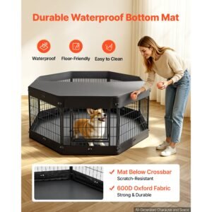 dog playpen 24 inch 8 panels heavy duty with top cover & bottom pad, indoor foldable metal exercise pen pet fence with door, puppy crate kennel pen for dogs, cats, and other small animals, black