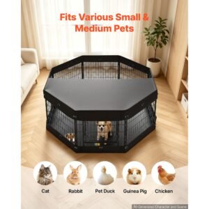 dog playpen 24 inch 8 panels heavy duty with top cover & bottom pad, indoor foldable metal exercise pen pet fence with door, puppy crate kennel pen for dogs, cats, and other small animals, black