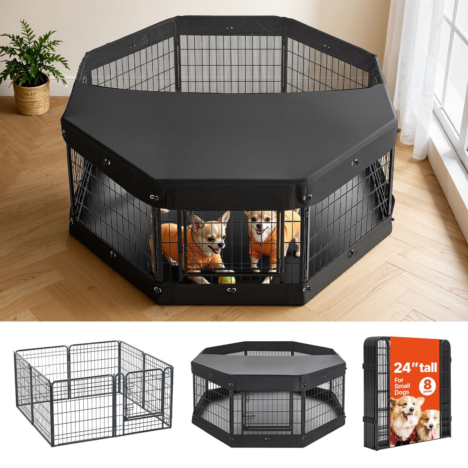 dog playpen 24 inch 8 panels heavy duty with top cover & bottom pad, indoor foldable metal exercise pen pet fence with door, puppy crate kennel pen for dogs, cats, and other small animals, black