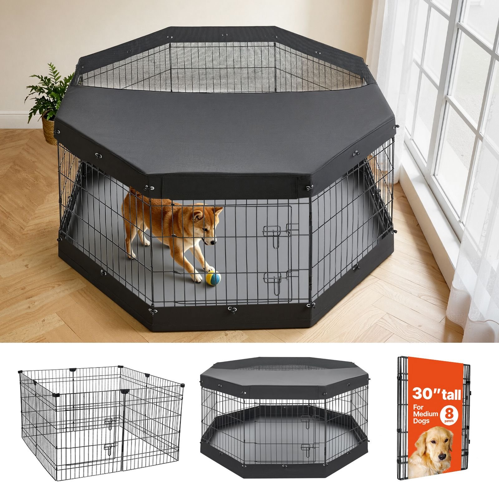 dog playpen 30 inch 8 panels exercise pen with top cover & bottom pad, indoor foldable metal pet fence with door, heavy duty puppy crate kennel pen for dogs, cats, and other small animals, black