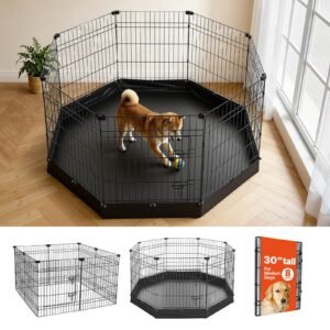 Dog Playpen 30 Inch 8 Panels Foldable Exercise Pen with Bottom Pad, Indoor Metal Pet Fence with Door, Heavy Duty Puppy Crate Kennel, Pet Playpen for Dogs, Cats, and Other Small Animals, Black