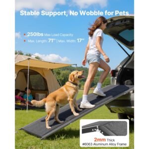 dog ramp for cars, 71" l x 17" w, folding pet ramps for medium & large dogs up to 250lbs, pet stair ramp with non slip oxford fabric surface, portable outdoor dog car ramps for suv & truck