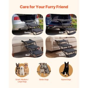 dog stairs for car, 4 steps extra wide foldable dog ramp for large dogs with non slip rug surface, portable lightweight pet ladder for car, suv, truck, high beds, sofas, support up to 200 lbs