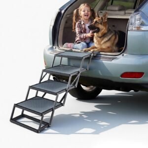 Dog Stairs for Car, 4 Steps Extra Wide Foldable Dog Ramp for Large Dogs with Non-Slip Surface, Portable Lightweight Pet Stairs Ladder for Car, SUV, Truck, High Bed, Sofa, Support up to 400 lbs