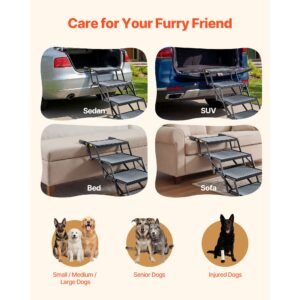 dog stairs for car, 4 steps extra wide foldable dog ramp for large dogs with non slip surface, portable lightweight pet stairs ladder for car, suv, truck, high bed, sofa, support up to 400 lbs