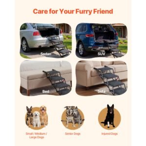dog stairs for car, 5 steps extra wide foldable dog ramp for large dogs with non slip rug surface, portable lightweight pet ladder for car, suv, truck, high beds, sofas, support up to 200 lbs