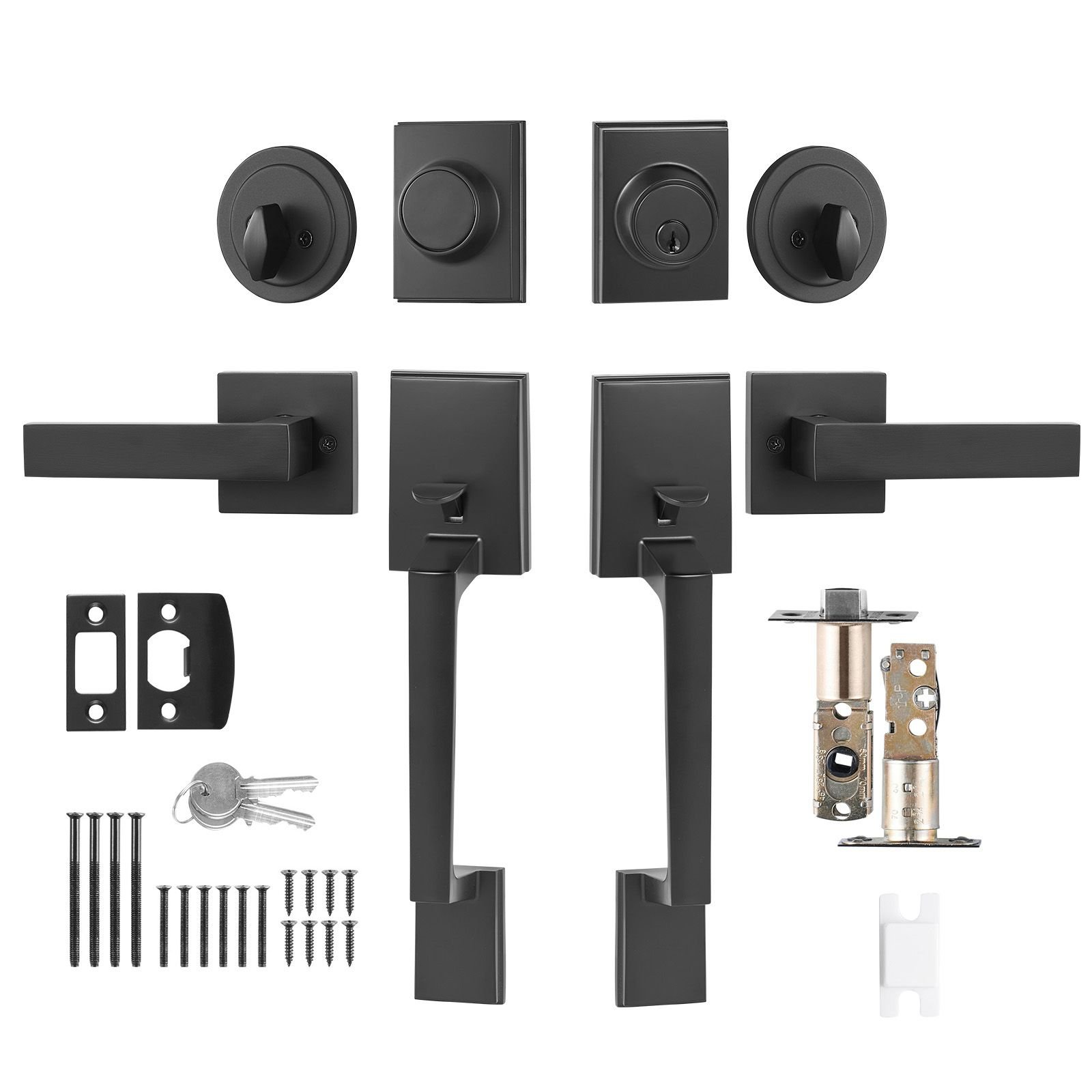 double door handle set, matte black square door lever, double front door handle set with reversible handle lever, heavy duty double door lock set with dummy, for office door or front door