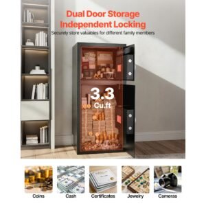 double door safe box, 3.3 cu. ft, heavy duty home safe with electronic keypad, anti theft, digital safety lock box with key, drop slot, for money, firearm, jewelry, document, valuables, black