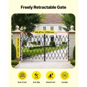 double folding security gate, lockable scissor gate with 360° swivel casters, outdoor barricade steel retractable gates, for entry security, garage, warehouse & pool, 145.67 x 86.81 in (w x h)