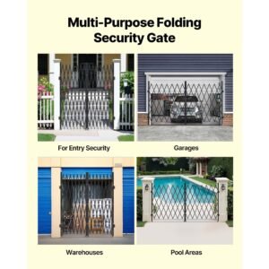 double folding security gate, lockable scissor gate with 360° swivel casters, outdoor barricade steel retractable gates, for entry security, garage, warehouse & pool, 145.67 x 86.81 in (w x h)